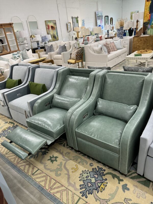electric recliner set! Teal green  leather with a contrasting suede welt!! These include  USB / USBC ports for charging your phone!

$3600  each! Copy Copy