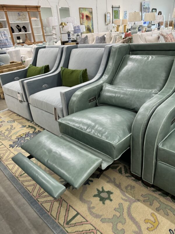 electric recliner set! Teal green  leather with a contrasting suede welt!! These include  USB / USBC ports for charging your phone!

$3600  each! Copy Copy - Image 4