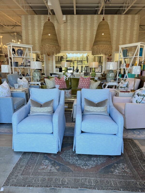 CR LAINE jillian swivel chair 
$2500 each/ Inside Out performance fabric blue Greek key - Image 5