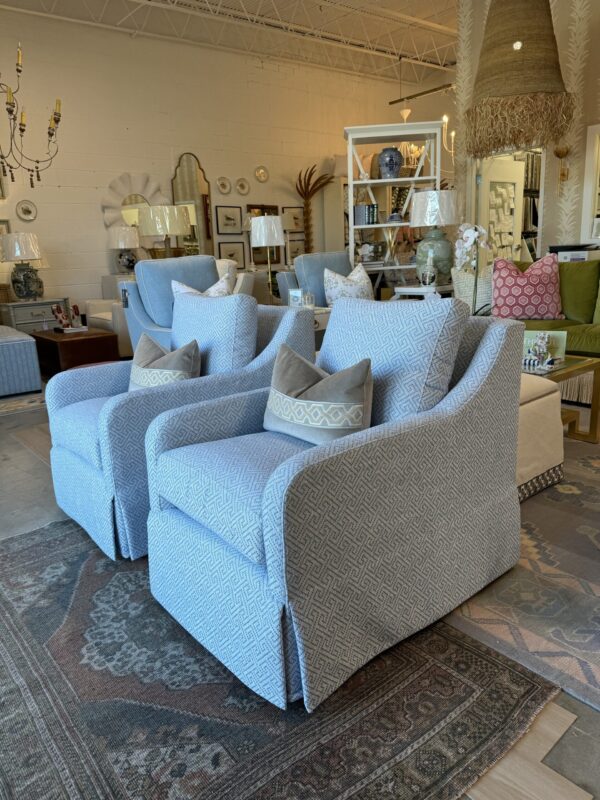 CR LAINE jillian swivel chair 
$2500 each/ Inside Out performance fabric blue Greek key