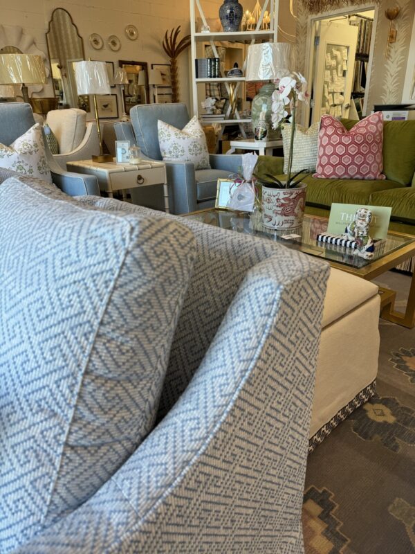 CR LAINE jillian swivel chair 
$2500 each/ Inside Out performance fabric blue Greek key - Image 2