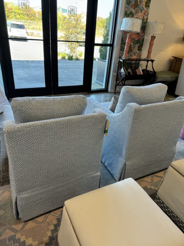 CR LAINE jillian swivel chair 
$2500 each/ Inside Out performance fabric blue Greek key - Image 3