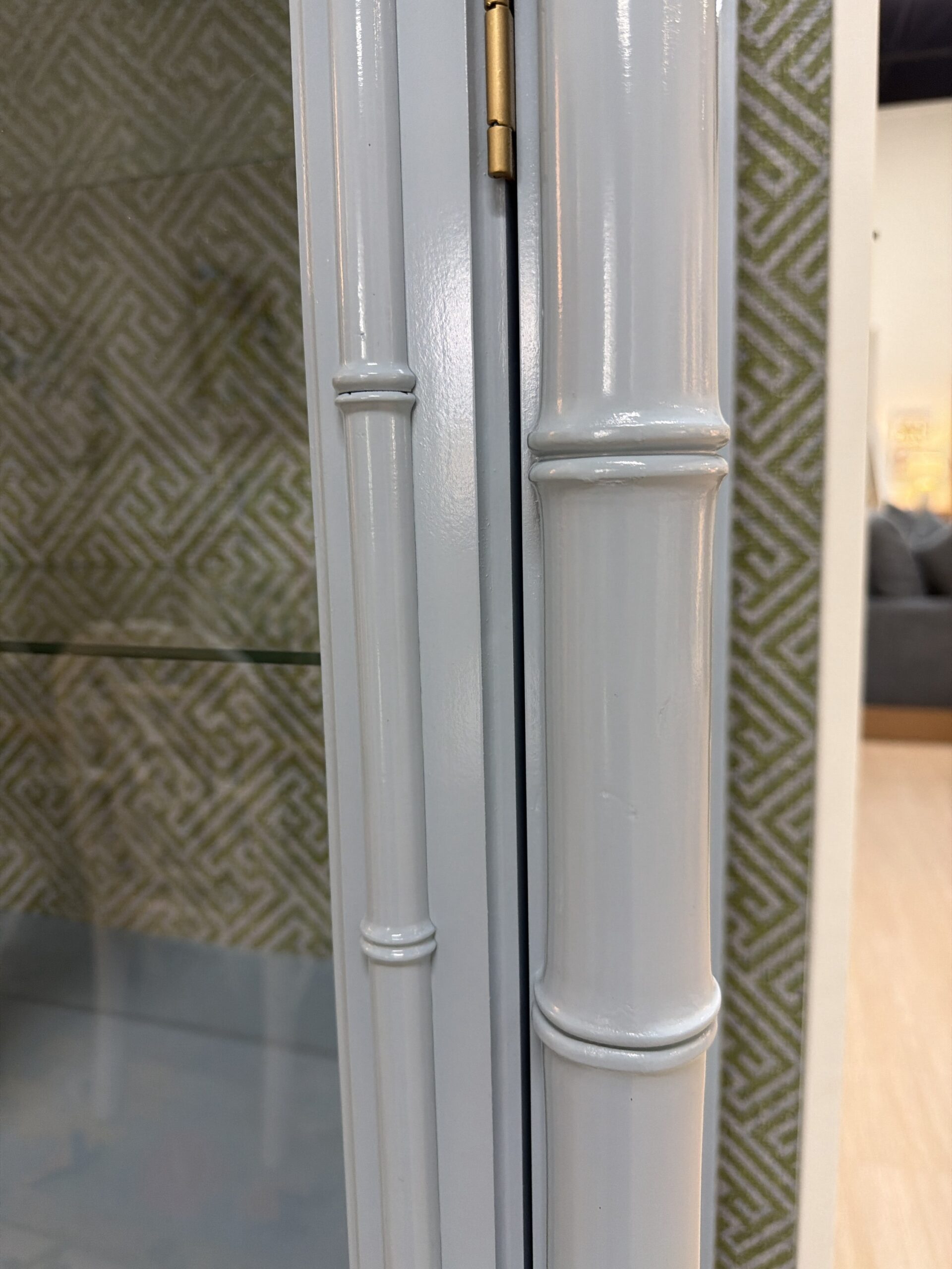 Vintage lacquered China cabinet Dixie aloha with Thibaut wallpaper in the back and glass shelves - Image 2