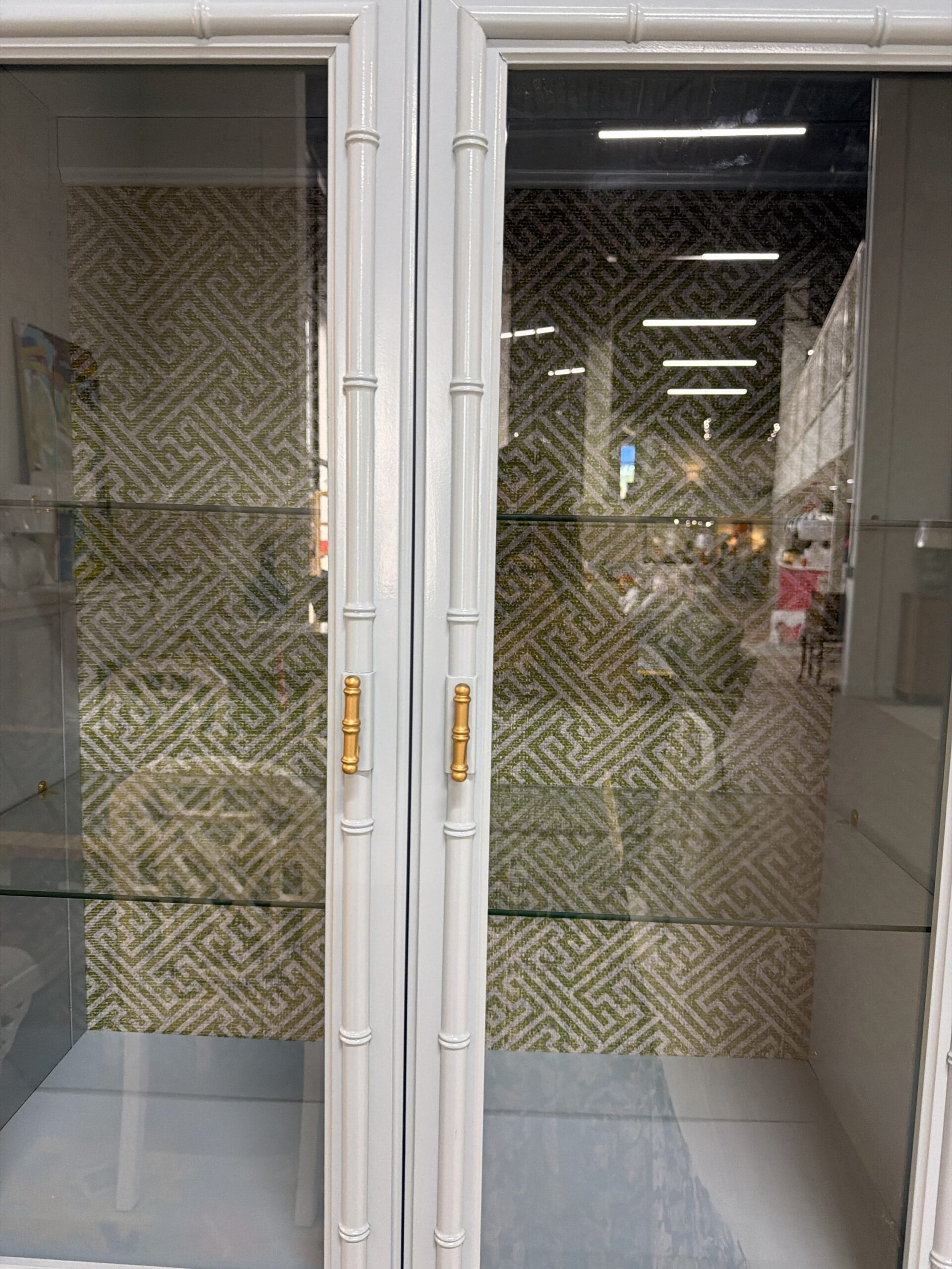 Vintage lacquered China cabinet Dixie aloha with Thibaut wallpaper in the back and glass shelves - Image 4