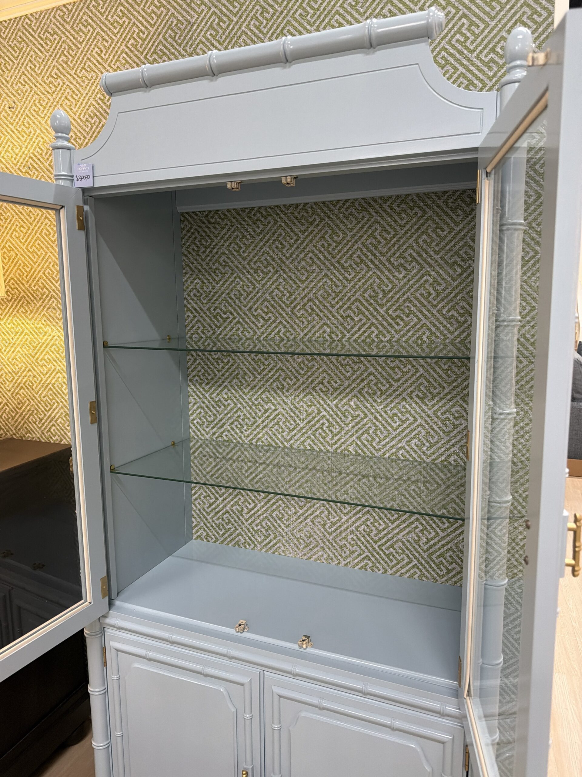 Vintage lacquered China cabinet Dixie aloha with Thibaut wallpaper in the back and glass shelves - Image 6