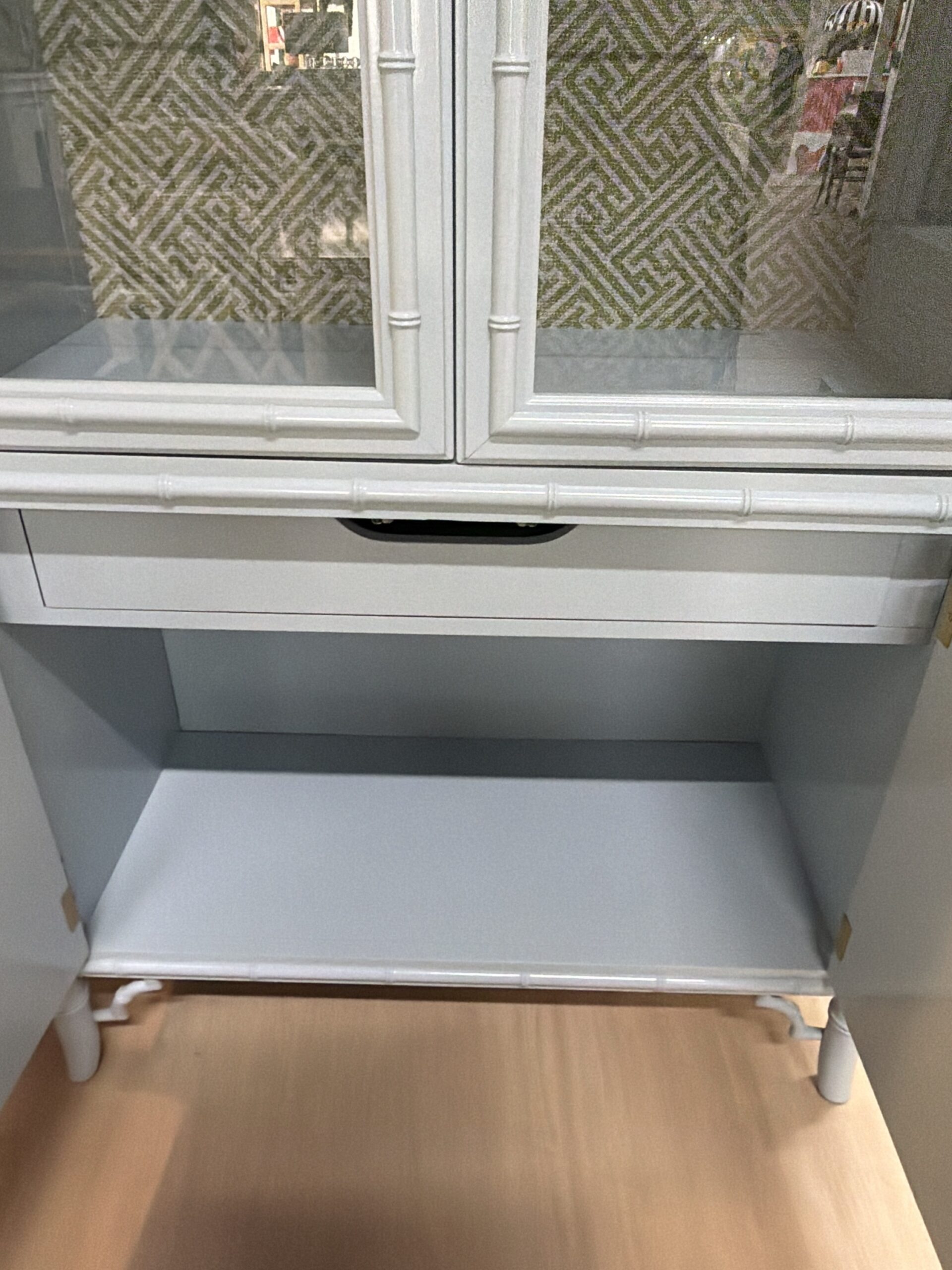 Vintage lacquered China cabinet Dixie aloha with Thibaut wallpaper in the back and glass shelves - Image 3