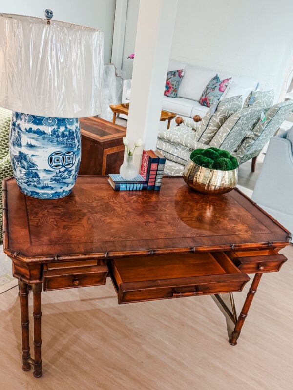 Vintage Hooker Furniture Faux Bamboo Burlwood Writing Desk - Image 3