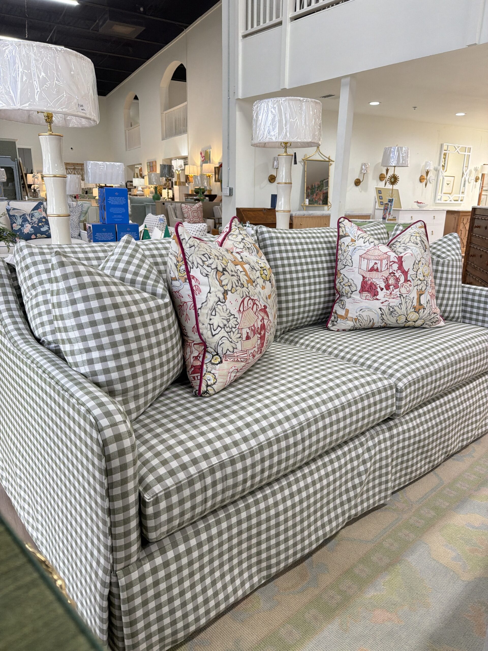 CRlaine Jullian 2 Over 2 Skirted Sofa | Sunbrella gingham performance fabric