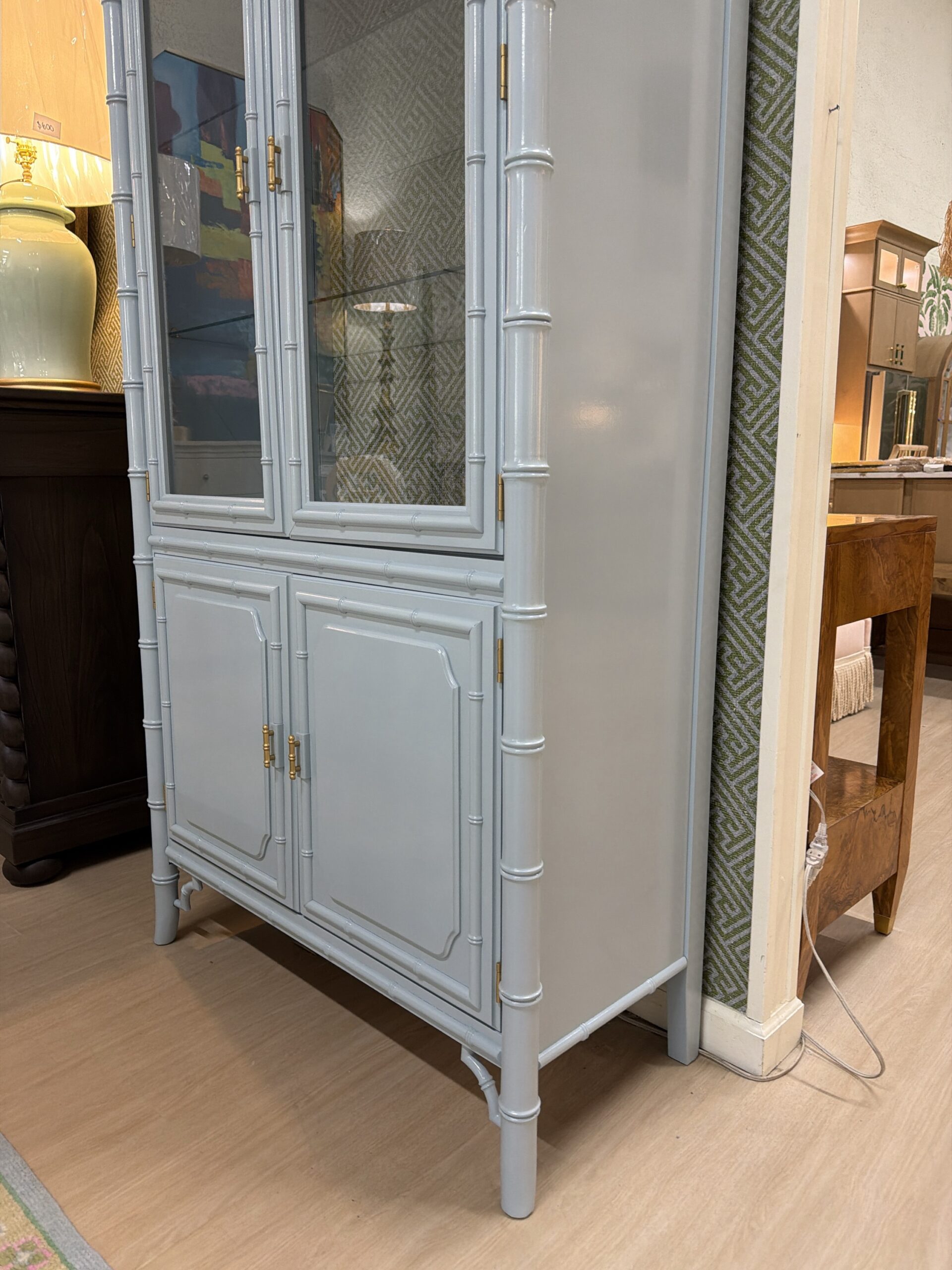 Vintage lacquered China cabinet Dixie aloha with Thibaut wallpaper in the back and glass shelves - Image 5