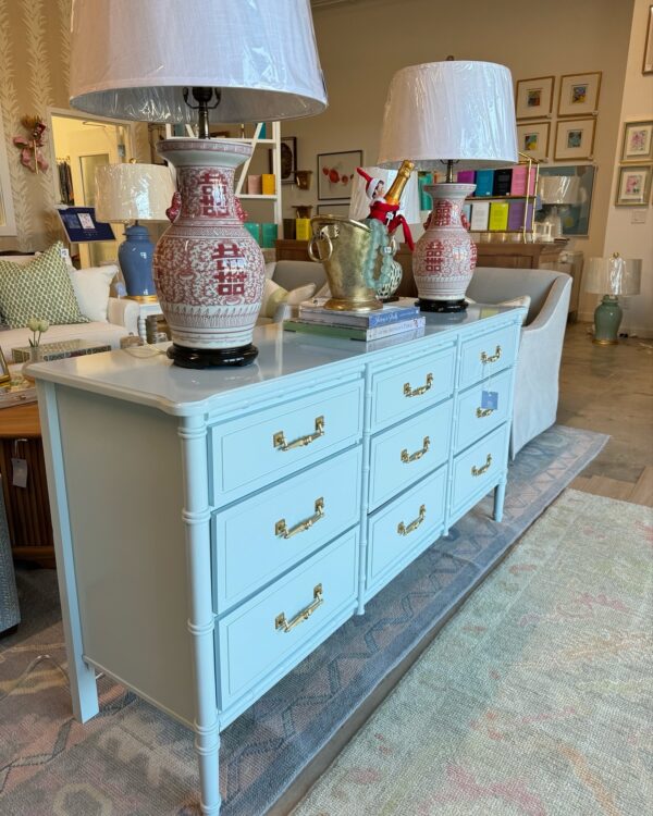 Vintage Faux Bamboo 9 Drawer Dresser | Benjamin Moore Fantasy Blue - Image 2