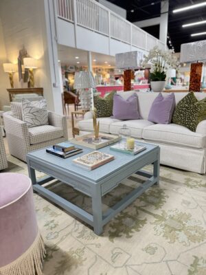 Blue square grass cloth cocktail table with pullout drawers for extra storage!