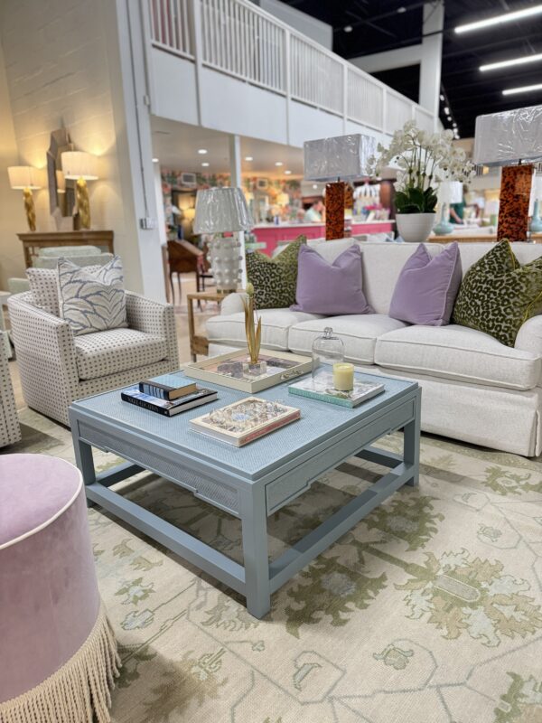 Blue square grass cloth cocktail table with pullout drawers for extra storage!