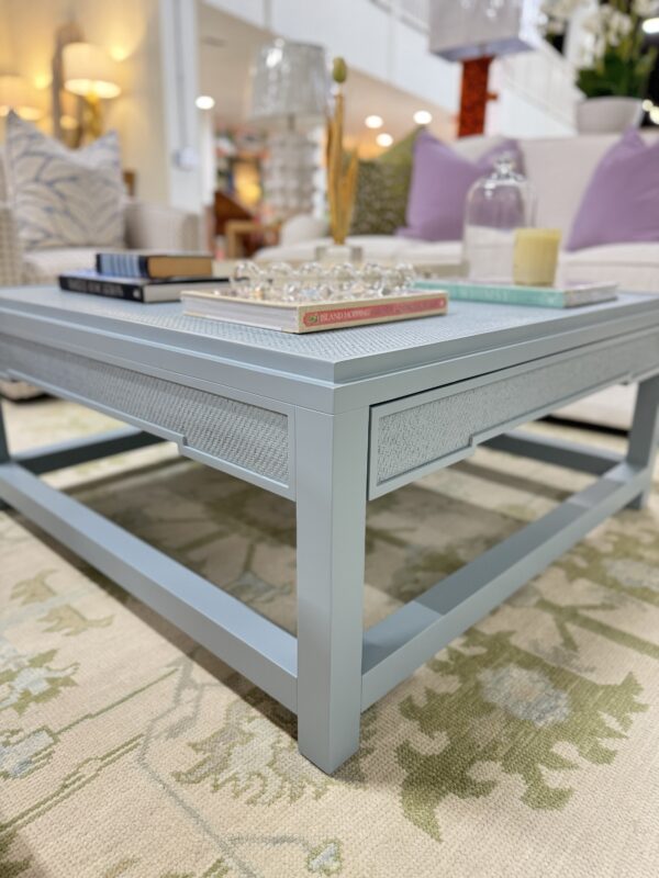 Blue square grass cloth cocktail table with pullout drawers for extra storage! - Image 4