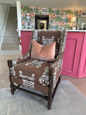 Set of (2) neil Wing Club Chairs | Tigre fabric with brass nail heads