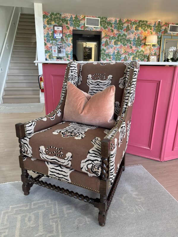 Set of (2) neil Wing Club Chairs | Tigre fabric with brass nail heads