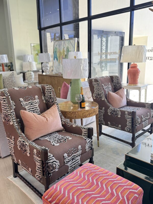 Set of (2) neil Wing Club Chairs | Tigre fabric with brass nail heads - Image 2