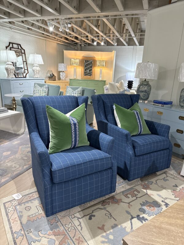 Set of (2) CR Laine Holly Swivel Glider Chairs | blue plaid fabric - Image 6