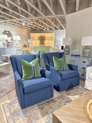Set of (2) CR Laine Holly Swivel Glider Chairs | blue plaid fabric