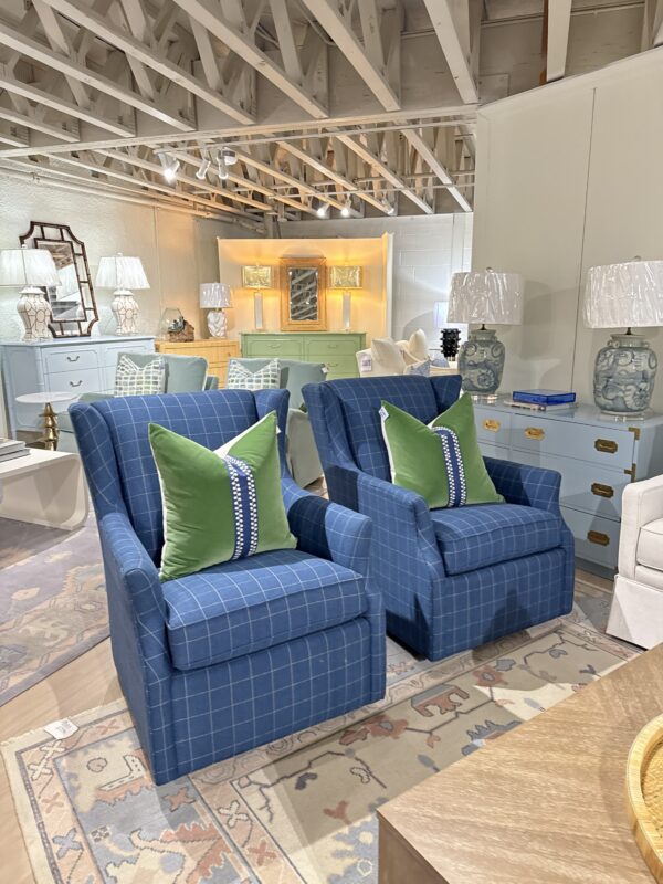 Set of (2) CR Laine Holly Swivel Glider Chairs | blue plaid fabric