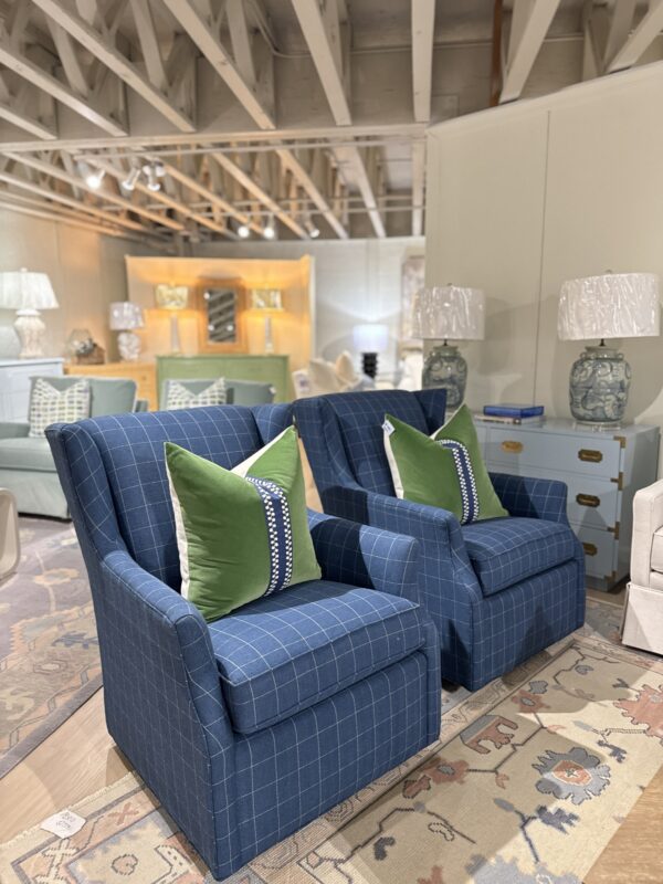 Set of (2) CR Laine Holly Swivel Glider Chairs | blue plaid fabric - Image 5