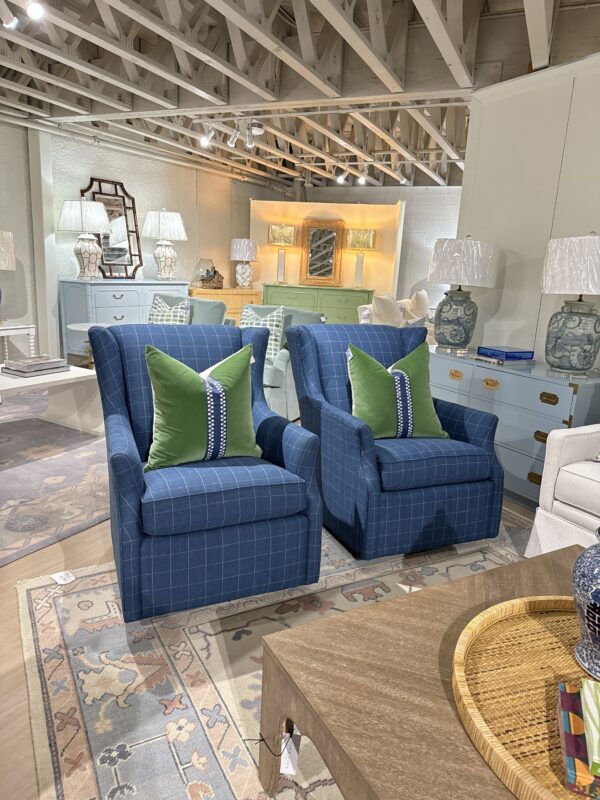 Set of (2) CR Laine Holly Swivel Glider Chairs | blue plaid fabric - Image 3
