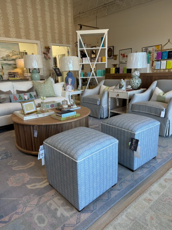 Set of cube ottoman, stools in blue leaf fabric with white welt and walnut leg $1200 each - Image 2