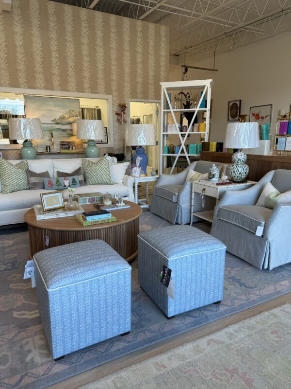 Set of cube ottoman, stools in blue leaf fabric with white welt and walnut leg $1200 each - Image 6