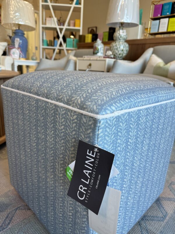 Set of cube ottoman, stools in blue leaf fabric with white welt and walnut leg $1200 each - Image 5