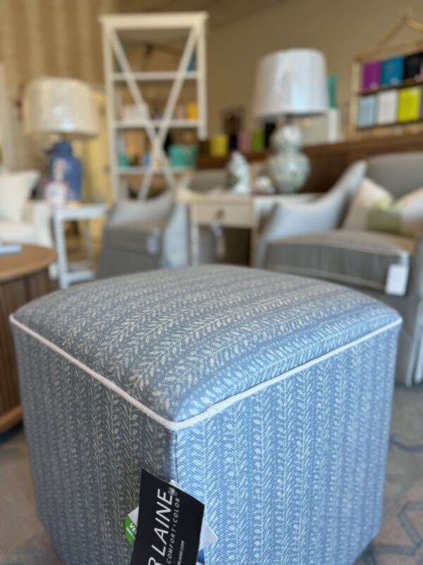 Set of cube ottoman, stools in blue leaf fabric with white welt and walnut leg $1200 each - Image 7