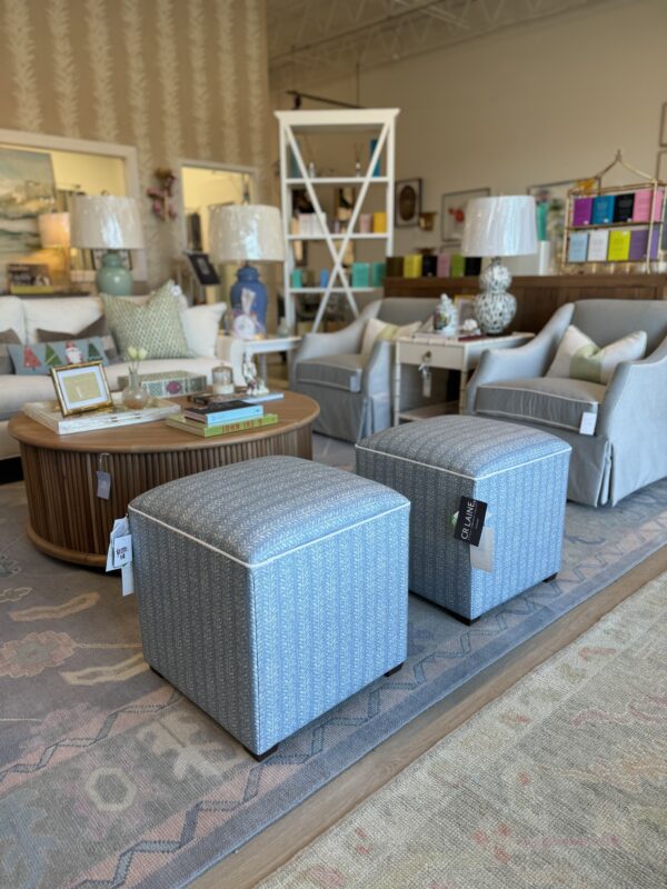 Set of cube ottoman, stools in blue leaf fabric with white welt and walnut leg $1200 each - Image 4