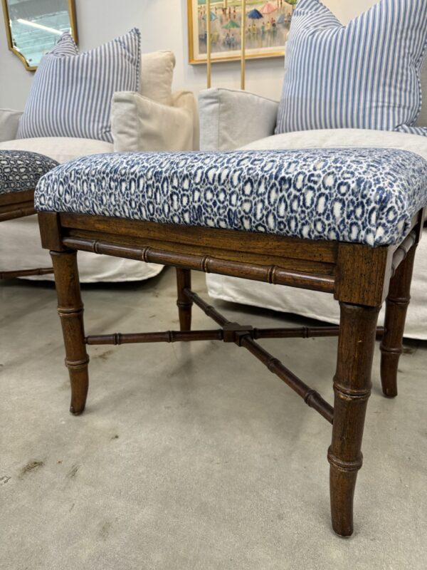 Vintage bamboo Ottomans covered in blue spotted fabric! $1200 each