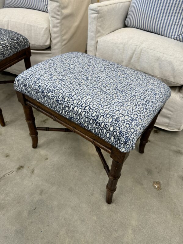 Vintage bamboo Ottomans covered in blue spotted fabric! $1200 each - Image 3