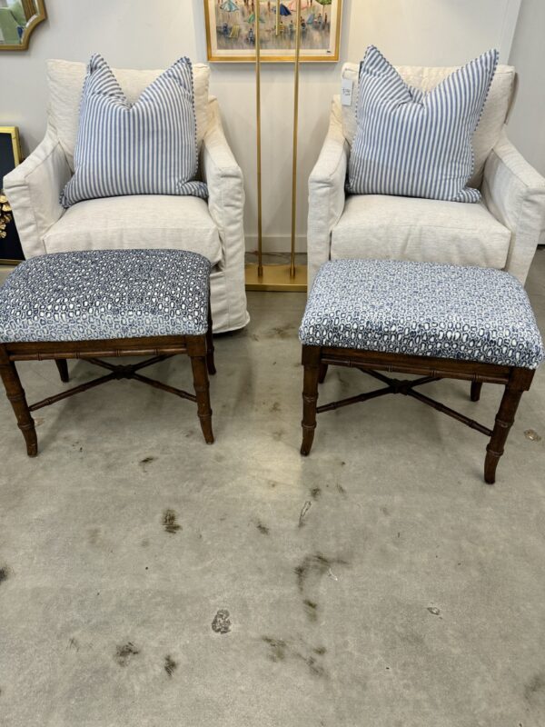 Vintage bamboo Ottomans covered in blue spotted fabric! $1200 each - Image 2