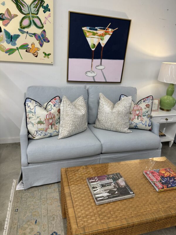 Poppy's Signature Julie 2 Over 2 Skirted Sofa | Performance Oxfordton Aqua | Studio Size - Image 4