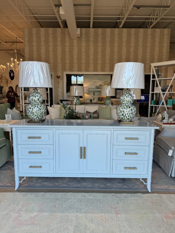 Poppy's Signature Faux Bamboo Credenza | Benjamin Moore Dusty Blue