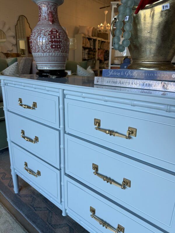 Vintage Faux Bamboo 9 Drawer Dresser | Benjamin Moore Fantasy Blue - Image 4