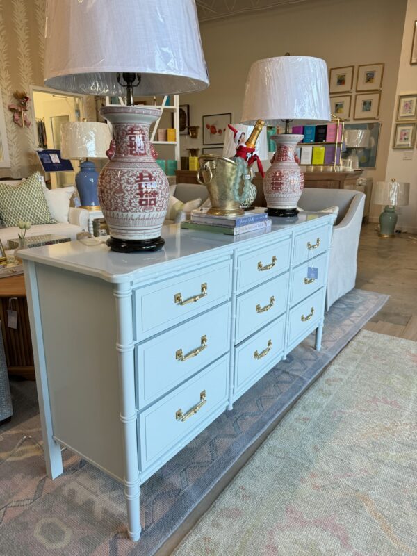 Vintage Faux Bamboo 9 Drawer Dresser | Benjamin Moore Fantasy Blue - Image 5