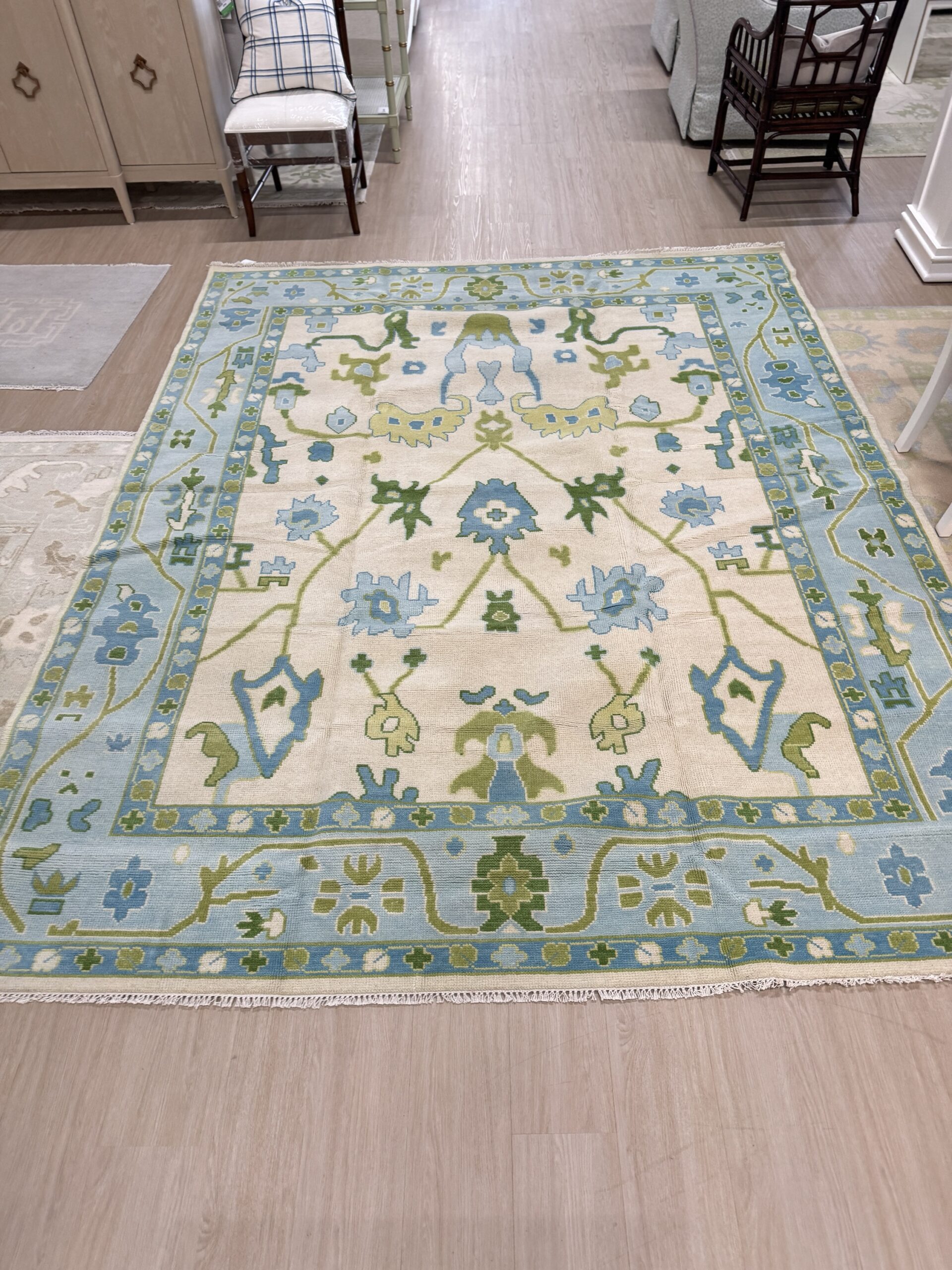 8 x 10 Handmade Turkish Oushak Rug | Blue, Green, Cream - Image 4