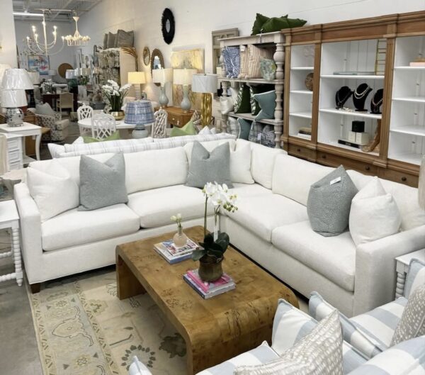 CRLAINE performance fabric sectional 108 x 108 with down blend cushion fill and walnut leg