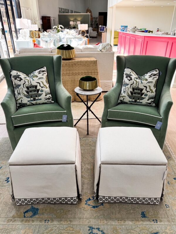 Set of (2) Massoud Wing Back Swivel Rock Chairs | Banks Meadow Velvet w/ White Welting - Image 3