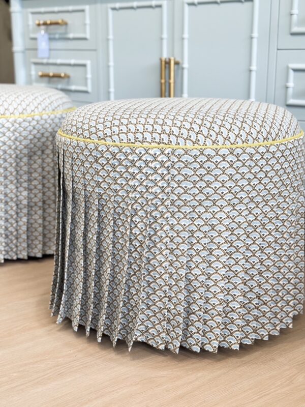 Set of (2) Lee Industries Pleated Skirt Ottomans | Celeste Sky Blue w/ Monarch Lemon Welting - Image 2