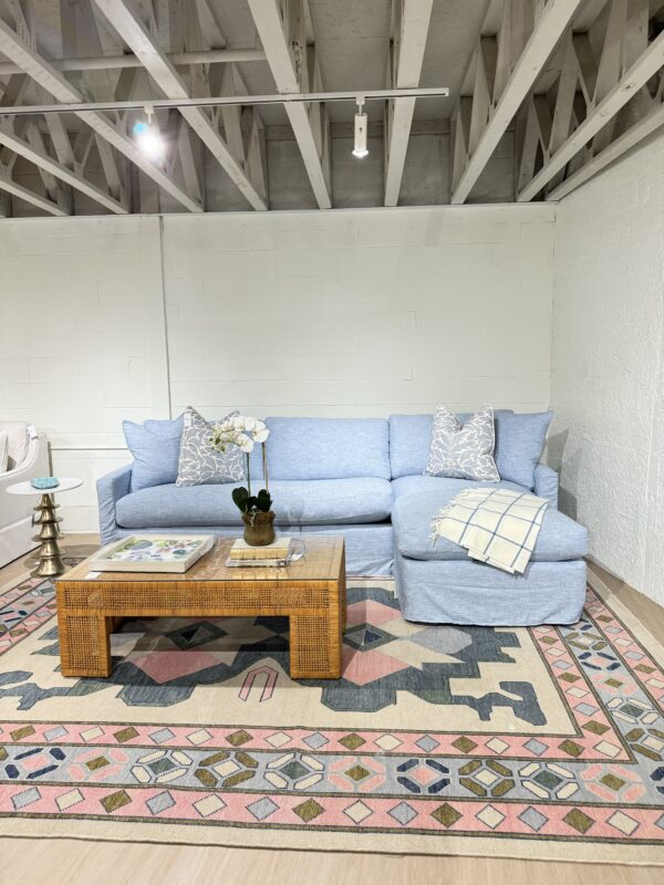 Blue slipcovered sofa with a chase lounge covered in performance fabric with down blend cushion fill - Image 3