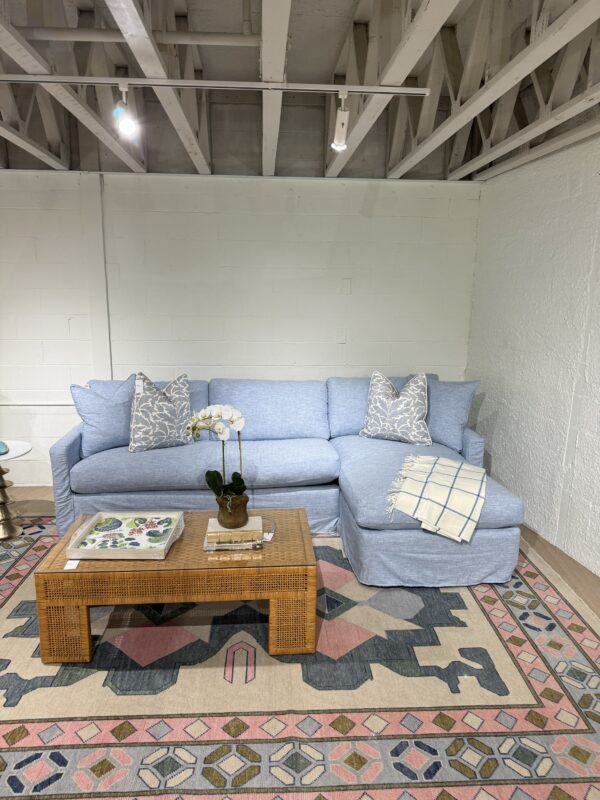 Blue slipcovered sofa with a chase lounge covered in performance fabric with down blend cushion fill - Image 2