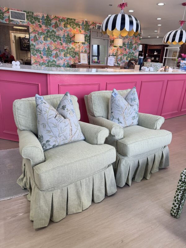 Set of (2) Lee Industries Slipcovered Memory Down Swivel Chairs w/ Box Pleat Skirts | Chariot Grass - Image 4