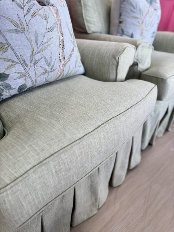 Set of (2) Lee Industries Slipcovered Memory Down Swivel Chairs w/ Box Pleat Skirts | Chariot Grass - Image 2