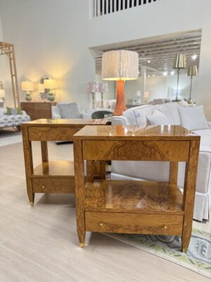 Set of (2) modern history Burlwood bedside  Tables $2,500 each