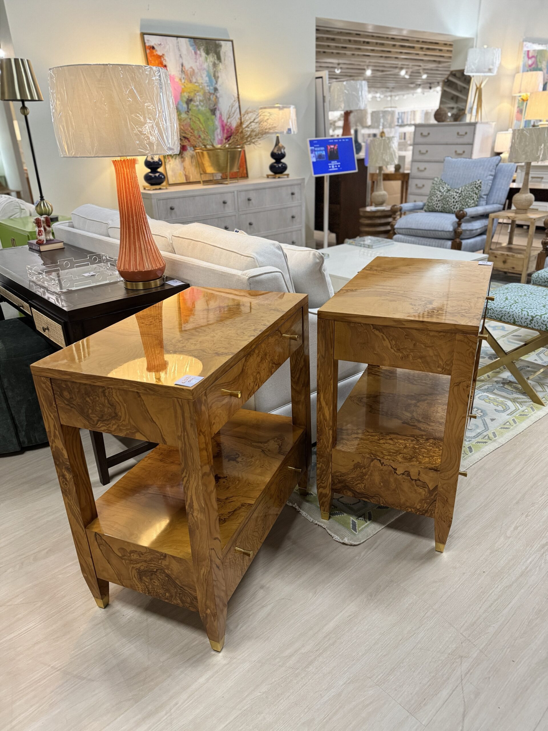Set of (2) modern history Burlwood bedside  Tables $2,500 each - Image 4
