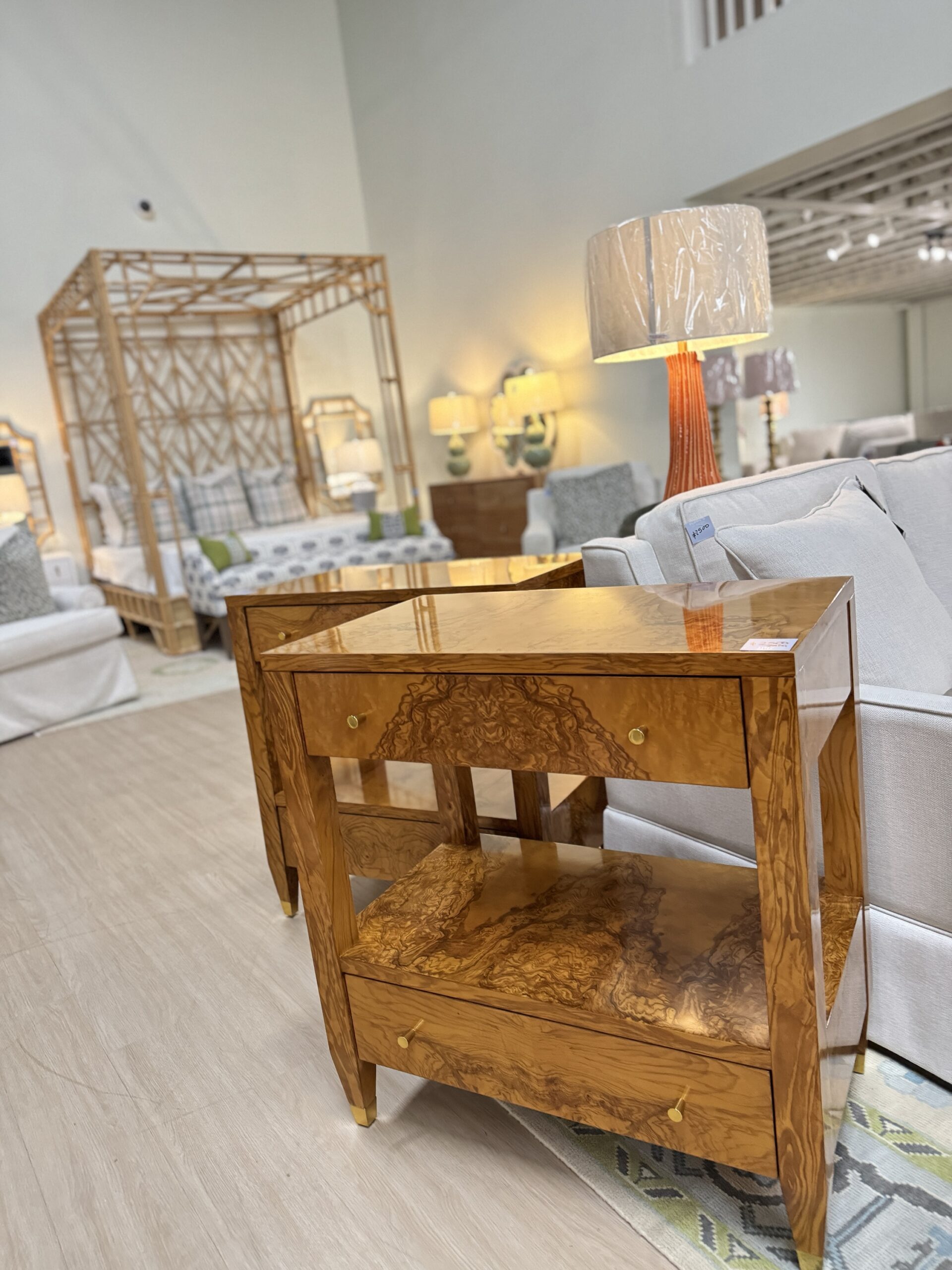 Set of (2) modern history Burlwood bedside  Tables $2,500 each - Image 5