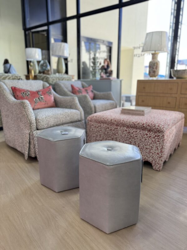Set of (2) Genuine Leather hexagon  Ottomans | light blue - Image 6