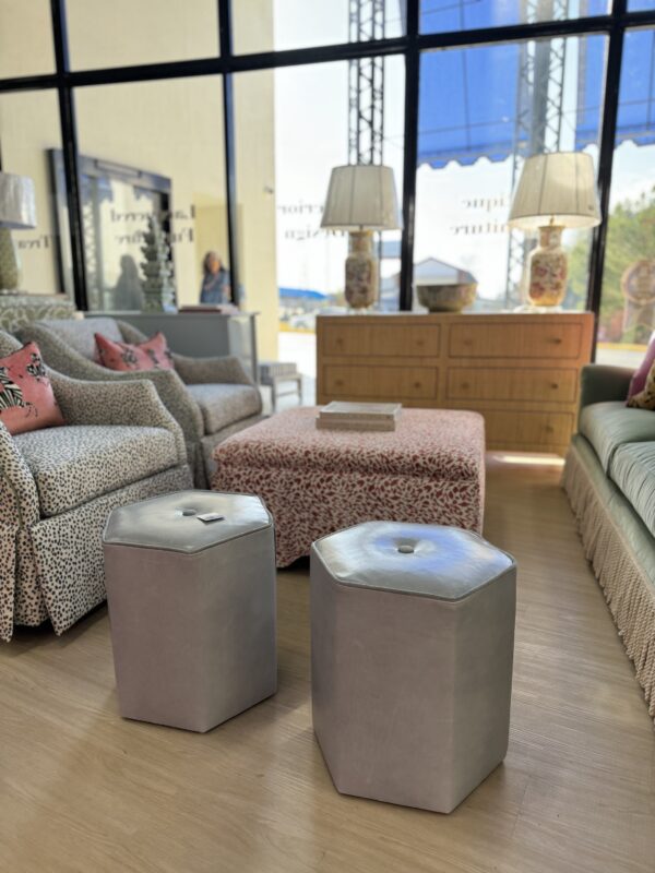 Set of (2) Genuine Leather hexagon  Ottomans | light blue - Image 5
